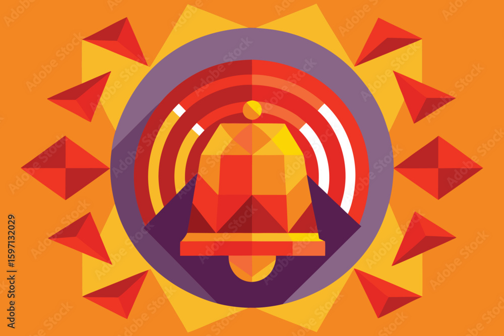 Poster geometric design in warm tones composed of triangles circles and other shapes on a vivid orange back