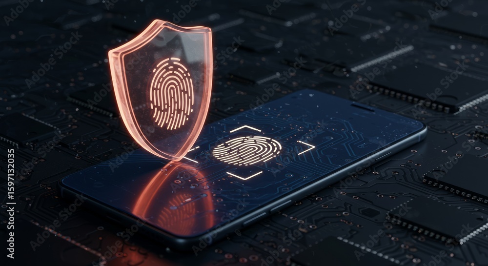 Poster a 3d rendering of a smartphone with fingerprint scan, guarded by a glowing shield, set against an el