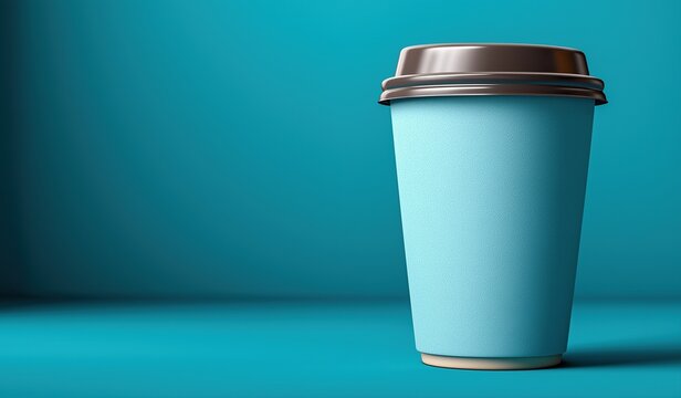 Isolated blank light blue paper coffee cup with brown plastic lid on solid teal background for branding and advertising mockup