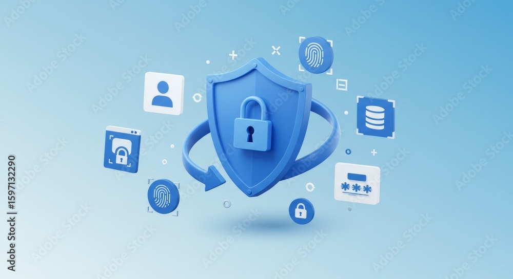 Poster a 3d-rendered shield with a padlock, surrounded by digital icons representing security measures on a