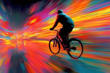 Abstract digital bicycle with rider speeding through night