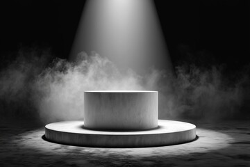 White circular pedestal with white fog effect on black background