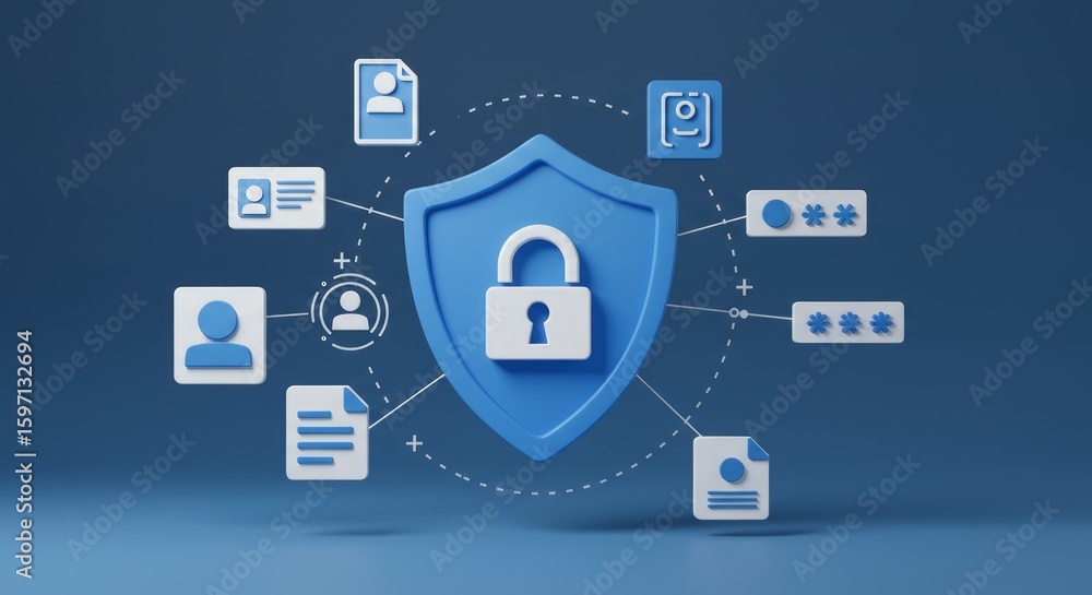 Poster a blue shield with a padlock is at the center, protecting icons representing files and personal data