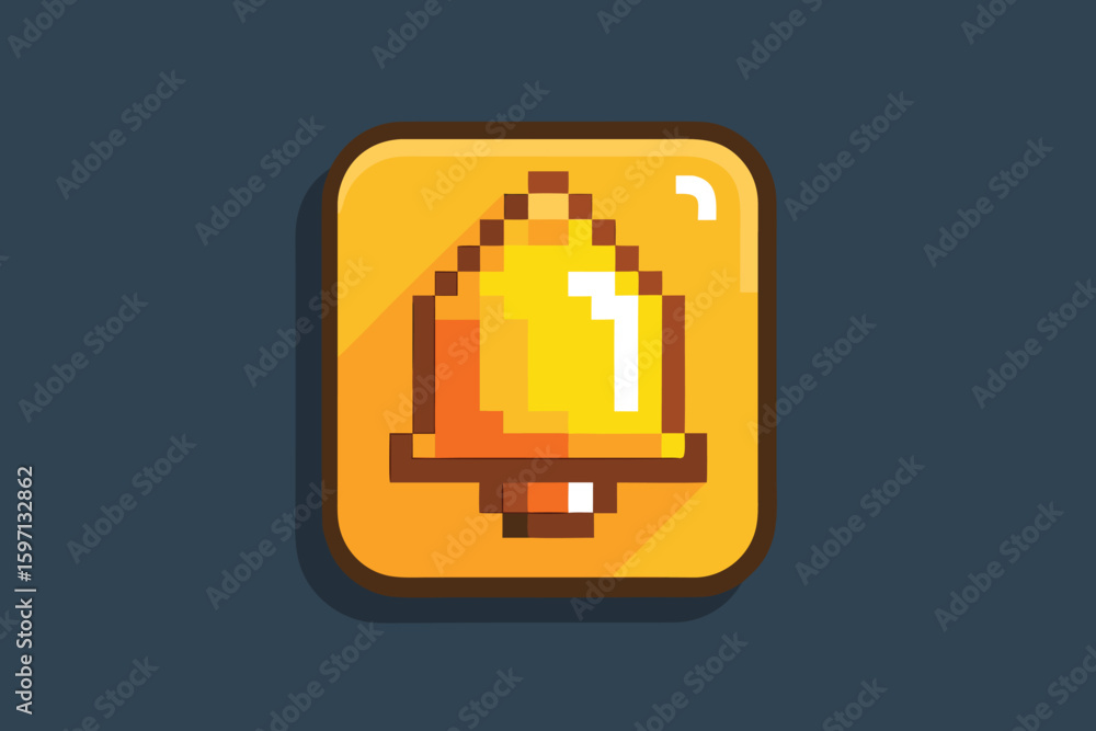 Poster pixelated bell icon in a golden square representing notifications and reminders on a dark background