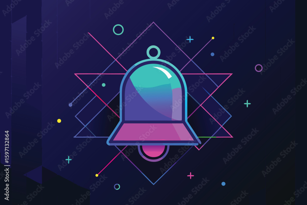 Poster modern notification bell icon with geometric shapes and vibrant gradient colors on a dark background