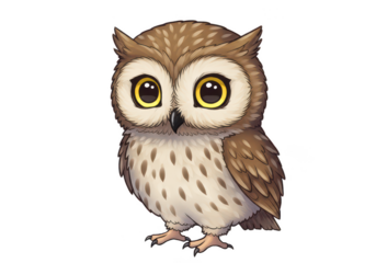 Cute cartoon owl with big yellow eyes isolated on transparent background
