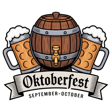 Oktoberfest Round Logo with Beer Barrel and Steins

