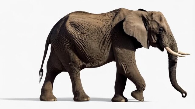 African elephant walking in profile, full body shot against solid white background, skin detail with visible wrinkles, large mammal, tusk detail.
