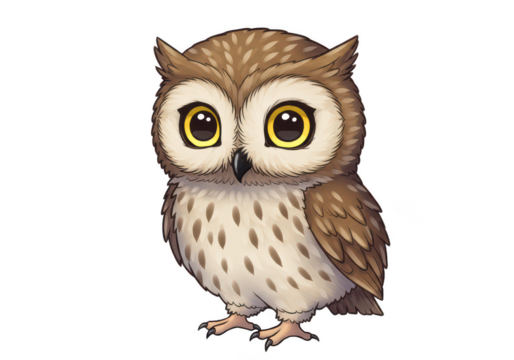 Cute cartoon owl with big yellow eyes isolated on transparent background