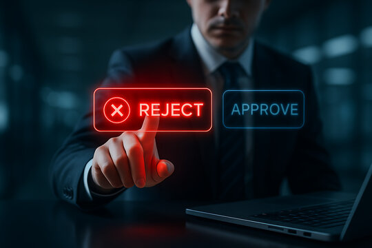 Corporate executive pressing glowing reject button on digital screen showing system decision, access control, workflow approval, software interface, rejection management in modern technology space