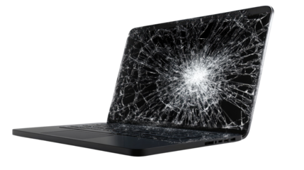 broken black display screen on laptop notebook computer on white background