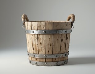 Rustic wooden bucket with metal reinforcements and rope handles on plain background