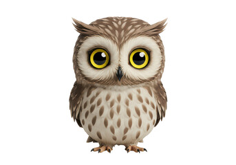 Obraz premium Adorable cartoon owl with large yellow eyes isolated on transparent background