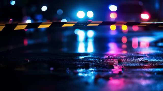 Police barriers and lights reflecting on wet street at night  