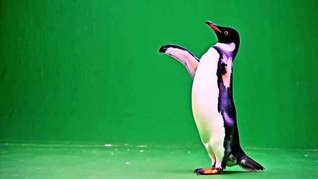 Penguin standing with flippers spread on green screen. Bird posing with wings out. Animal wildlife chroma key. Penguin stretching on studio. Wild bird standing. Penguin looking up. Funny Cute Animal