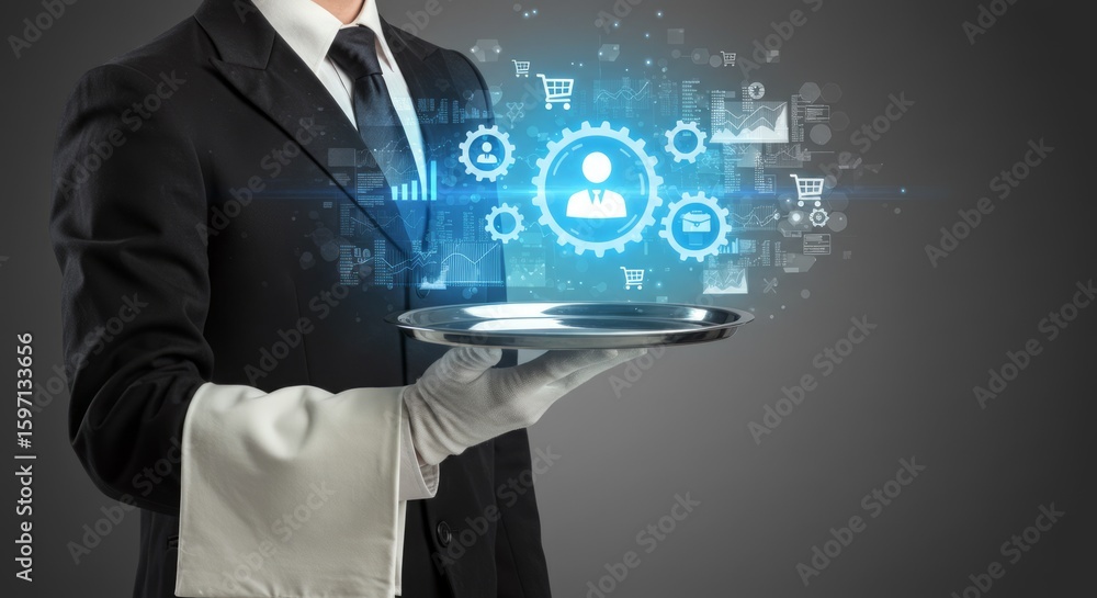 Poster a butler in formal attire holds a silver platter displaying a digital interface of interconnected ge