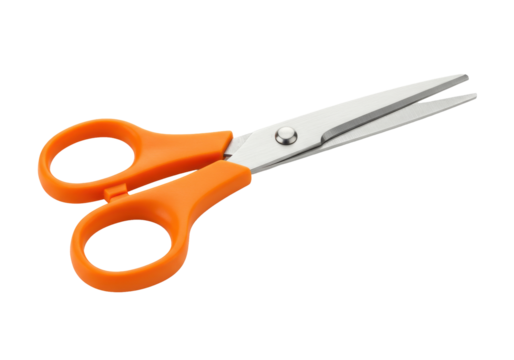 Bright orange scissors positioned on a clean surface, ideal for crafting and office use