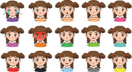 Set of cartoon girl facial expressions showing sad happy angry surprised and emotional moods for education animation emoji and design use