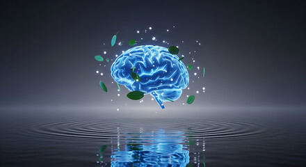 A glowing blue brain hovers above rippling water, surrounded by green leaves and sparkling lights, reflected in the water below.