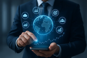 Man using smartphone with floating global data analytics and digital icons showing futuristic technology, mobile insights, worldwide stats, business intelligence and cloud connection