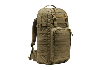 Naklejka premium Tactical olive green backpack with multiple compartments against a plain background