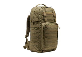Tactical olive green backpack with multiple compartments against a plain background