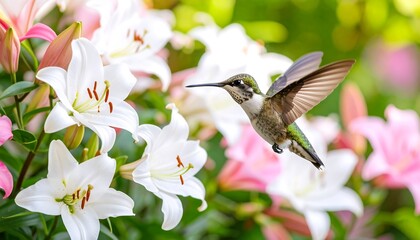 Fototapeta premium Hummingbird in flight amidst lilies