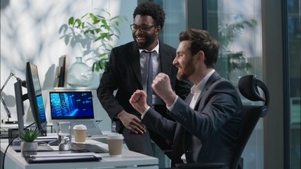 African American Caucasian men chatting talking break relax team businessmen business males looking...