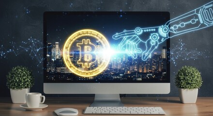 A computer displays a digital Bitcoin symbol with a glowing robotic arm over a city nightscape, suggesting financial tech