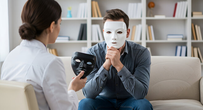 A therapist holds a mask while a patient contemplates his own.