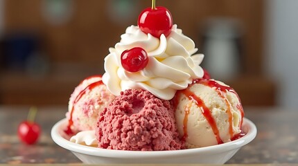 Delicious dessert with ice cream whipped cream and cherry