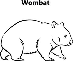 A charming wombat illustration showcases the adorable marsupial in a simple black and white line drawing, perfect for educational materials, coloring books, or wildlife-themed designs.