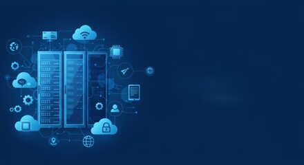 A data center graphic with server racks surrounded by floating cloud icons, connections, and digital elements on a dark blue background
