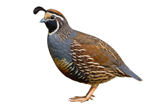 Detailed portrait of a male california quail with distinctive head plume isolated on transparent background