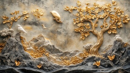 3D textured wall art depicting a golden tree, birds, and mountains