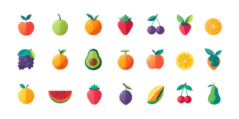 Pixelated Fruits on Transparent Background Including Apples Oranges Strawberries Cherries Watermelon and Avocados in Flat Vector Graphic Design, PNG