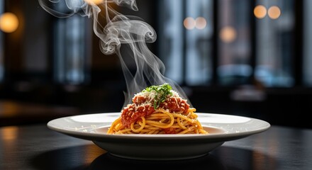 Steaming Hot Pasta with Red Sauce on White Plate in Dimly Lit Restaurant