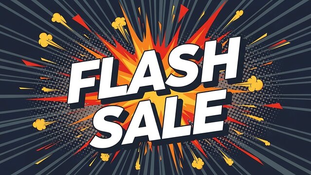 A bold comic-style “FLASH SALE” text bursts from a dynamic orange explosion background, catching attention with its energetic design and retro flair.