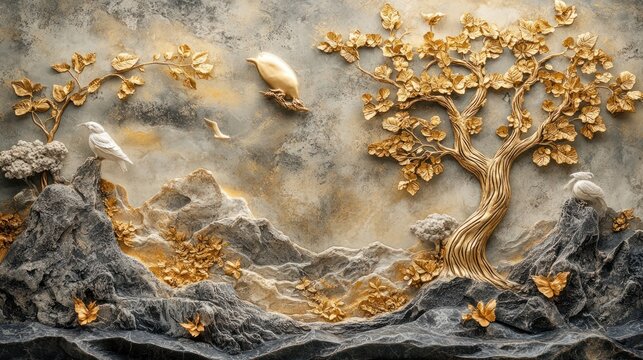 3D textured wall art depicting a golden tree, birds, and mountains