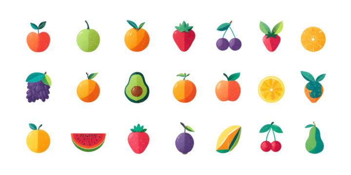 Pixelated Fruits on Transparent Background Including Apples Oranges Strawberries Cherries Watermelon and Avocados in Flat Vector Graphic Design, PNG