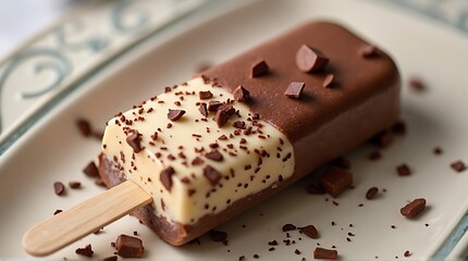 A chocolate and vanilla ice cream popsicle on a decorative plate with chocolate shavings