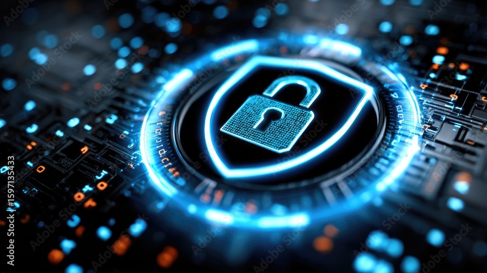 Poster digital security: a glowing shield, overlaid with a padlock, symbolizes robust cybersecurity. the im