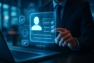 Professional using digital identity verification interface with glowing holographic profile icons, approval checklists, security validation and personal information access system