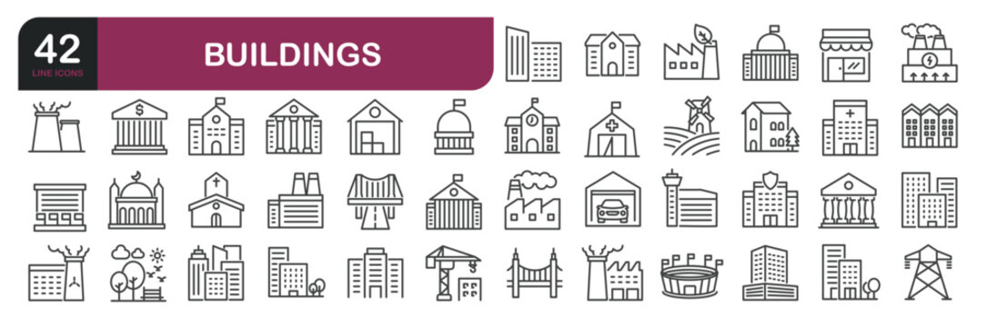 Set of line icons related to building, architecture, skyscraper. Outline icons collection. Editable stroke.