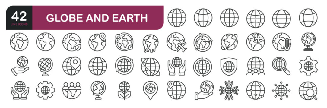 Set of line icons related to globe, earth, gobal, network. Outline icons collection. Editable stroke.