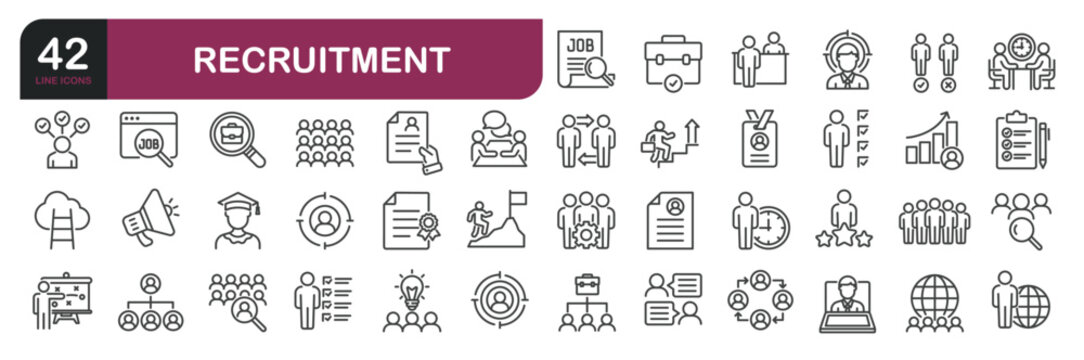 Set of line icons related to recruitment, headhunting, human resources. Editable stroke. Outline icons collection.