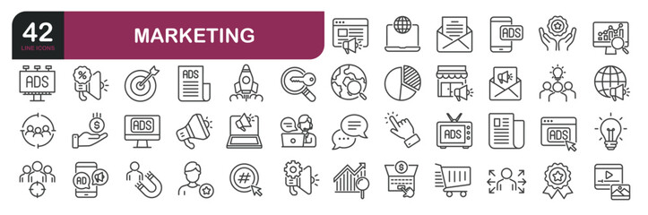 Set of line icons related to advertising, business, commerce. Outline icons collection. Editable stroke.