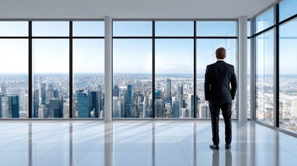 Fototapeta premium Visionary Outlook: A poised and elegant individual, exuding confidence and ambition, gazes out over a vibrant cityscape from a modern, minimalist architectural space. 