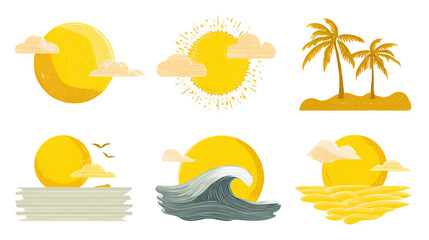 Pixelated Sun and Beach Theme Vector Graphics Collection Featuring Assorted Tropical Scenery with Yellow Tones on Transparent Background, PNG