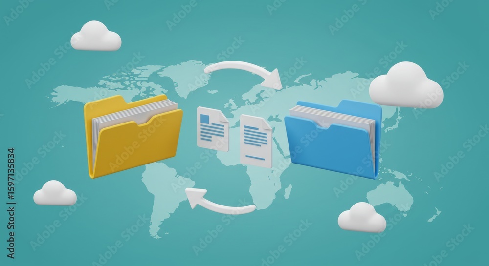 Aufkleber a digital data transfer concept, featuring yellow and blue folders, with arrows and papers exchangin